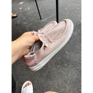 Hey Dude Women's Wendy shoes in a metallic rose gold sparkle 8